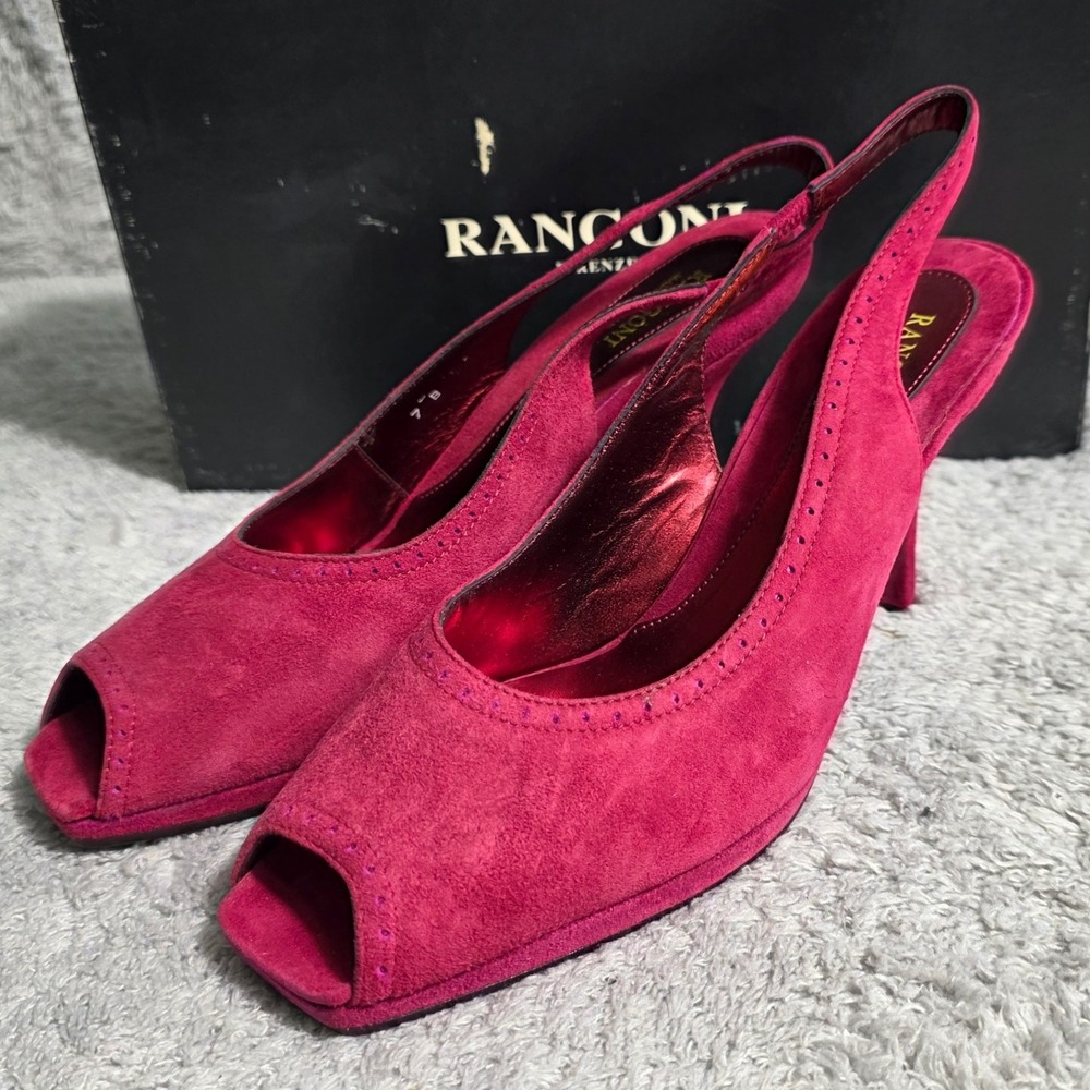 VTG NEW Rangoni Firenze Italian Suede Peep Toe Slingback Heels‎ Cherry Red 7B
